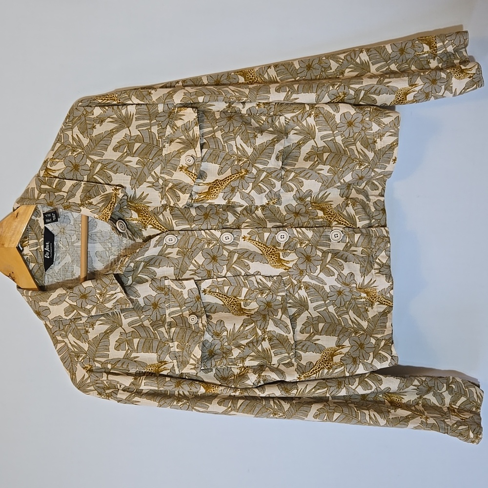 Du Jour Linen Safari Camp Shirt Jacket Size L Button Front‎ Giraffe Palm Travel